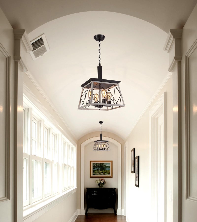 QS Q&S Farmhouse Vintage Chandelier, Rustic Pendant Light,Industrial Hanging Light Fixture for Dining Room Kitchen Island,Wrought Iron,ORB+Oak White 4 Lights E26 UL Listed - Image 2